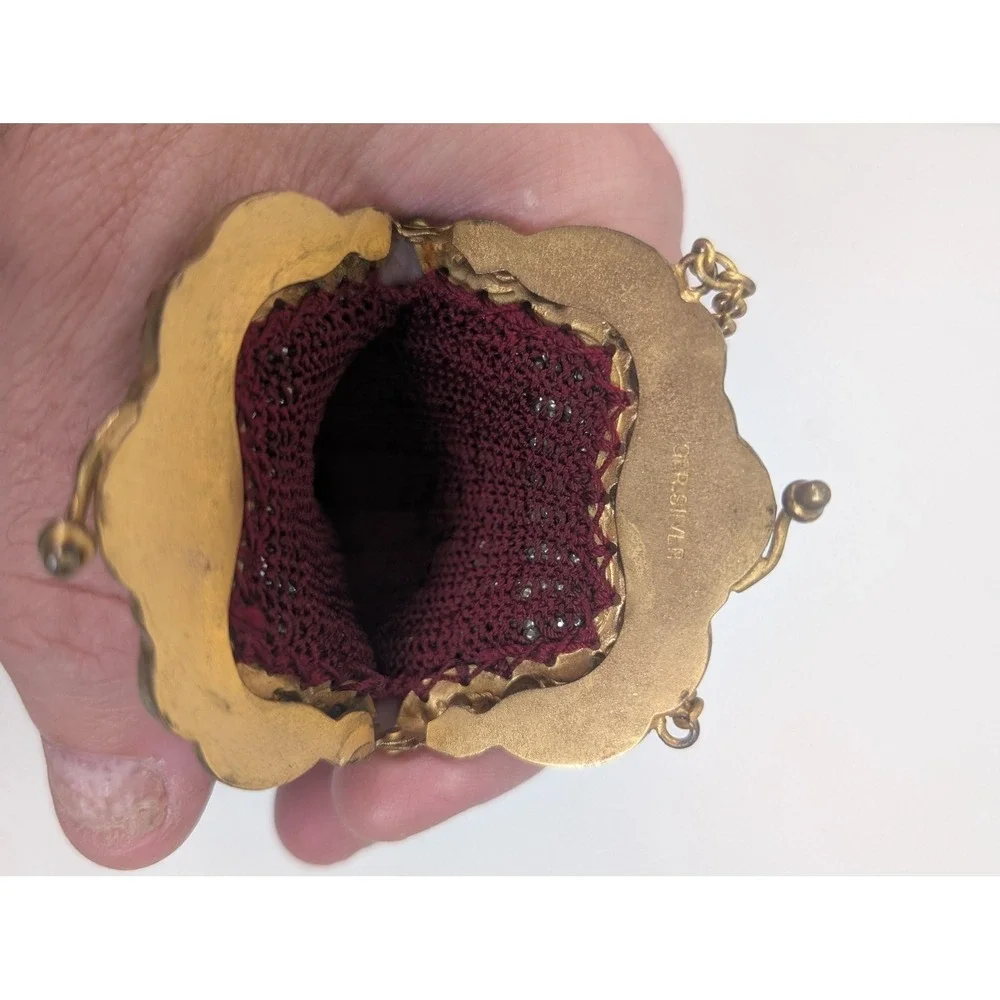 Vintage Beaded Micro Purse Clutch Bag Gold Tone Frame Ring Handle Germany
